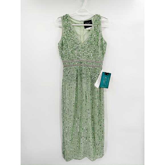 Mac Duggal 70267 Green Sage Sequined V Neck Midi Sheath Dress Size 2 NWT - Picture 2 of 5